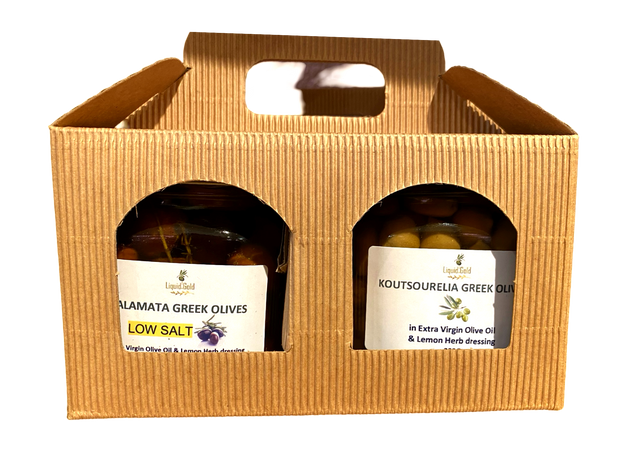 Olive Variety Gift Set - 2 Jars of Organic Green and Black Greek olives in Extra Virgin Olive Oil dressing