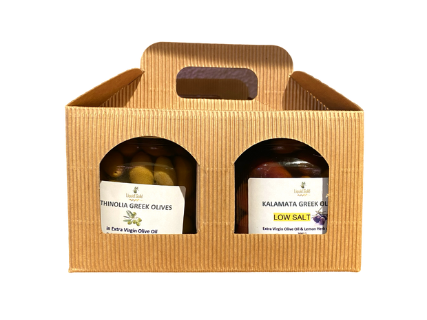 Olive Variety Gift Set - 2 Jars of Organic Green and Black Greek olives in Extra Virgin Olive Oil dressing