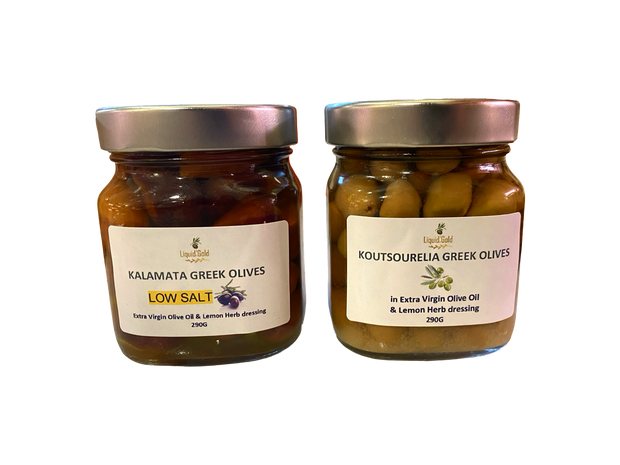 Olive Variety Gift Set - 2 Jars of Organic Green and Black Greek olives in Extra Virgin Olive Oil dressing