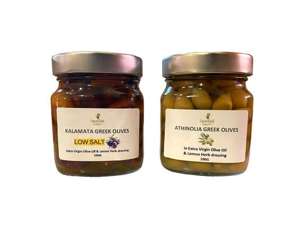 Olive Variety Gift Set - 2 Jars of Organic Green and Black Greek olives in Extra Virgin Olive Oil dressing