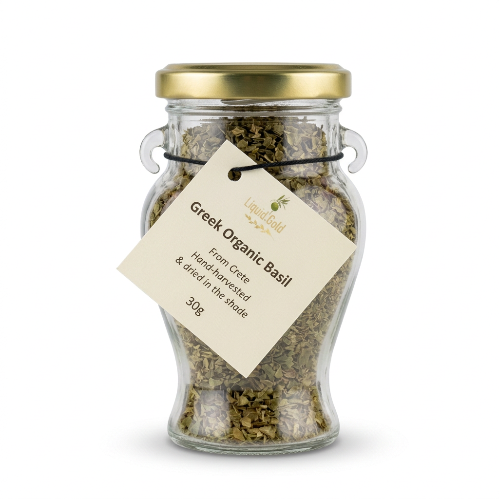Liquid Gold Greek basil in a 30g glass amphora jar with gold lid and hanging label, on a white background.