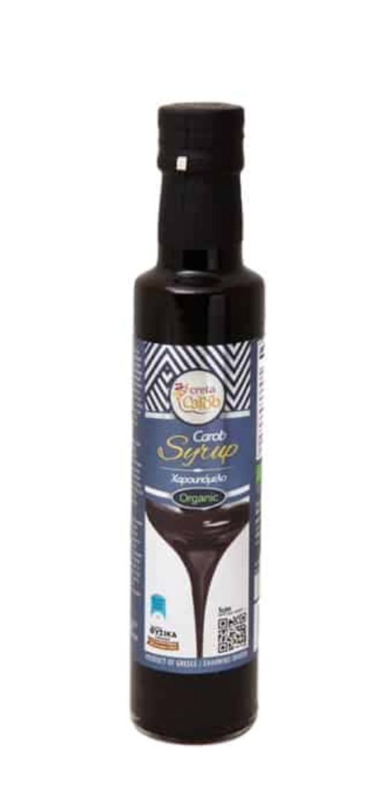 Organic Cretan carob syrup by CretaCarob, pure carob, no added sugar, very concentrated, 250ml bottle