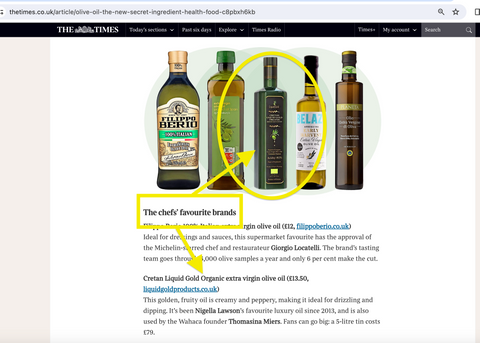 Cretan Liquid Gold Organic extra virgin olive oil nominated as Chef's favourite, The Times newspaper January 2024