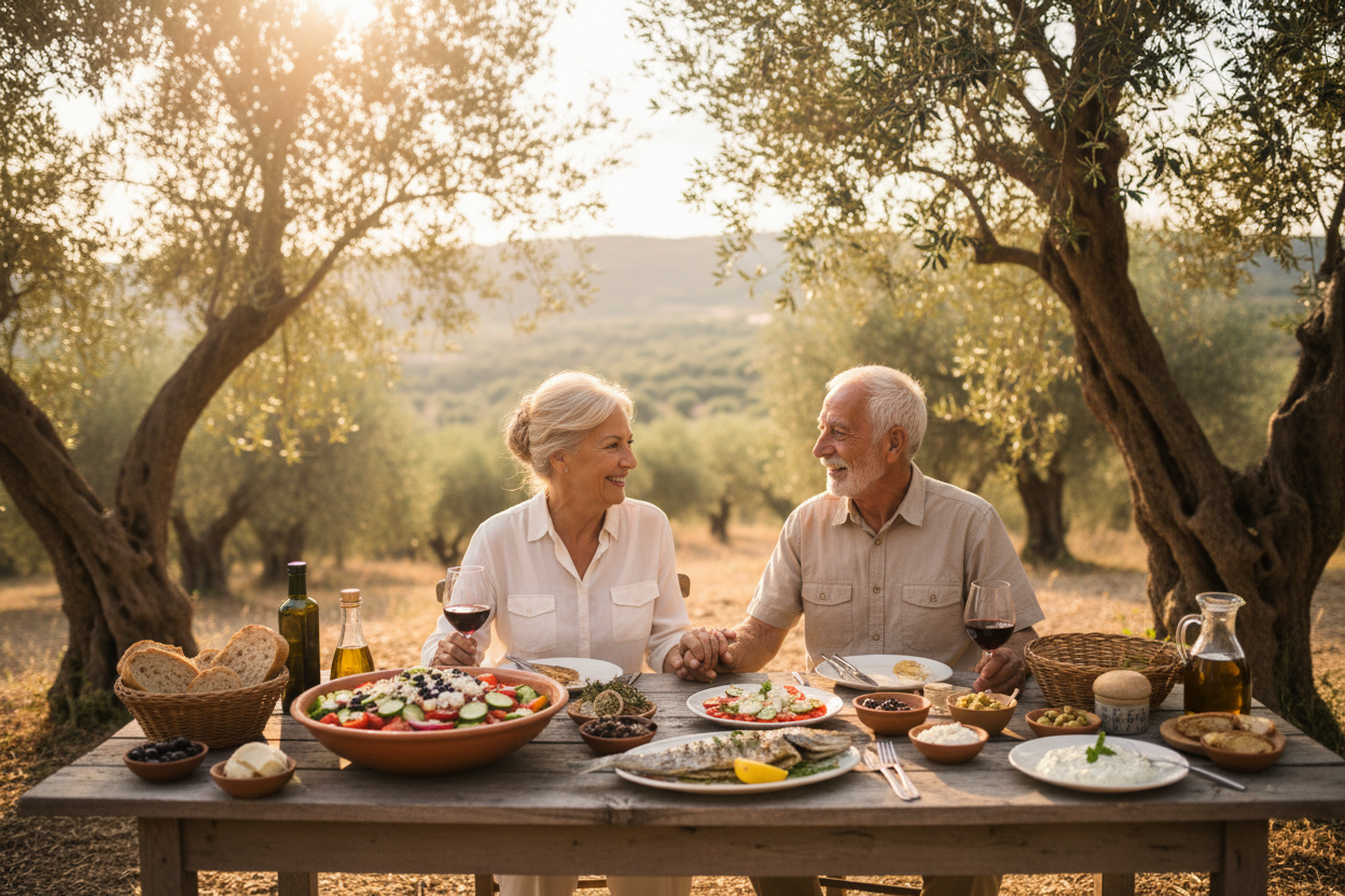 an elderly greek couple enjoying a healthy mediterranean meal set against an olive grove