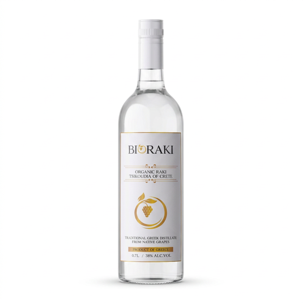Bioraki organic Cretan raki, 700ml clear glass bottle with white cap