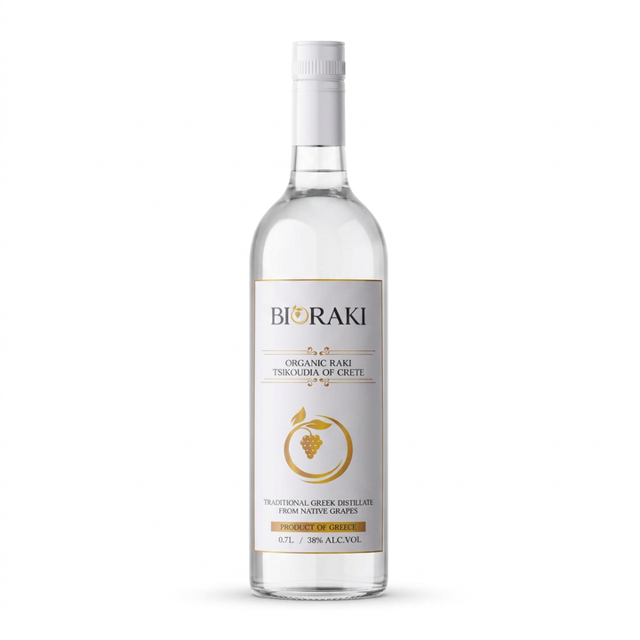Bioraki organic Cretan raki, 700ml clear glass bottle with white cap