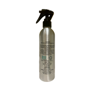 Cretan liquid gold organic extra virgin olive oil in an aluminium spray bottle showing the back label with laboratory data and ingredients