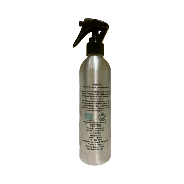 Cretan liquid gold organic extra virgin olive oil in an aluminium spray bottle showing the back label with laboratory data and ingredients