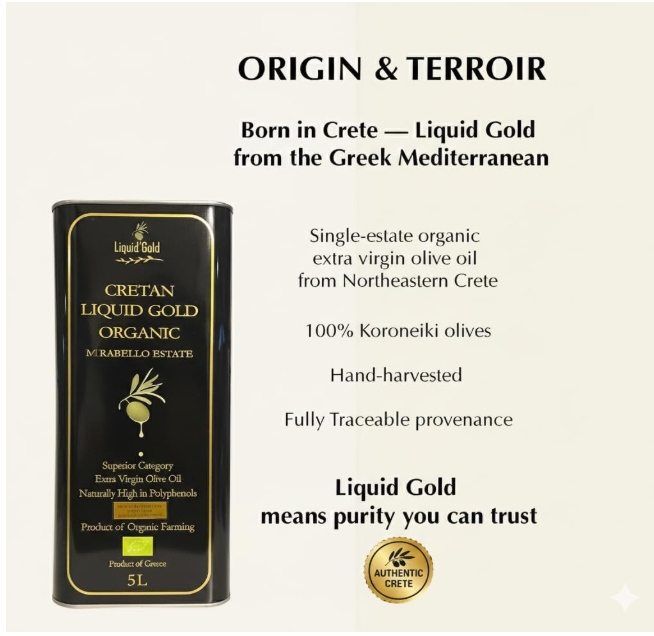 Cretan Liquid Gold Organic EVOO, Nov. 2025 Harvest, 5L - traceability, terroir