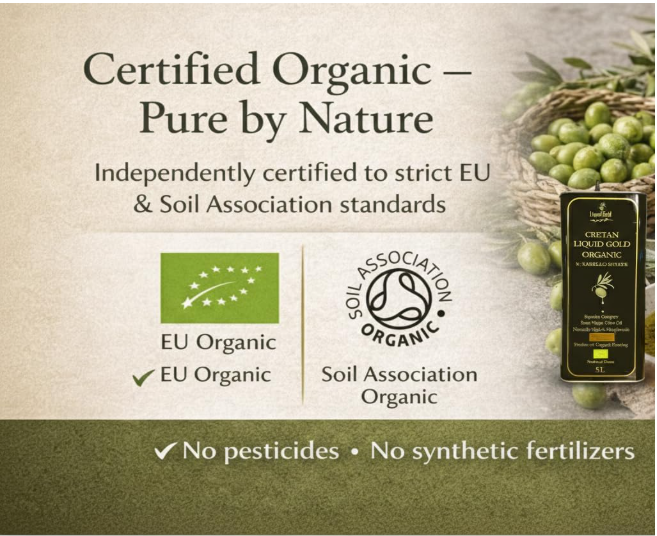 Cretan Liquid Gold Organic EVOO, chef's choice, Nov. 2025 Harvest, 5L Certified Organic product with EU Organic and Soil Association 