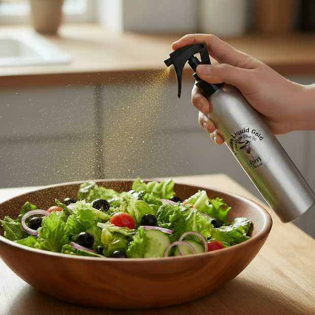 Cretan liquid gold organic extra virgin olive oil being sprayed from an aluminium bottle onto a salad