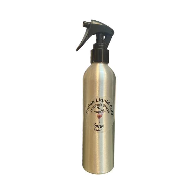 Cretan liquid gold Greek organic extra virgin olive oil in a silver aluminium bottle with spray cap, 200ml