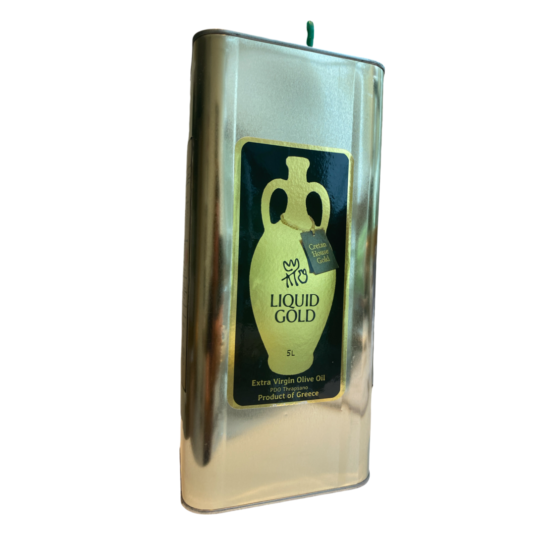 5 Litre tin of Liquid Gold's Cretan House Gold extra virgin olive oil,  PDO Thrapsano, product of Greece, 2025-2026 harvest - side view