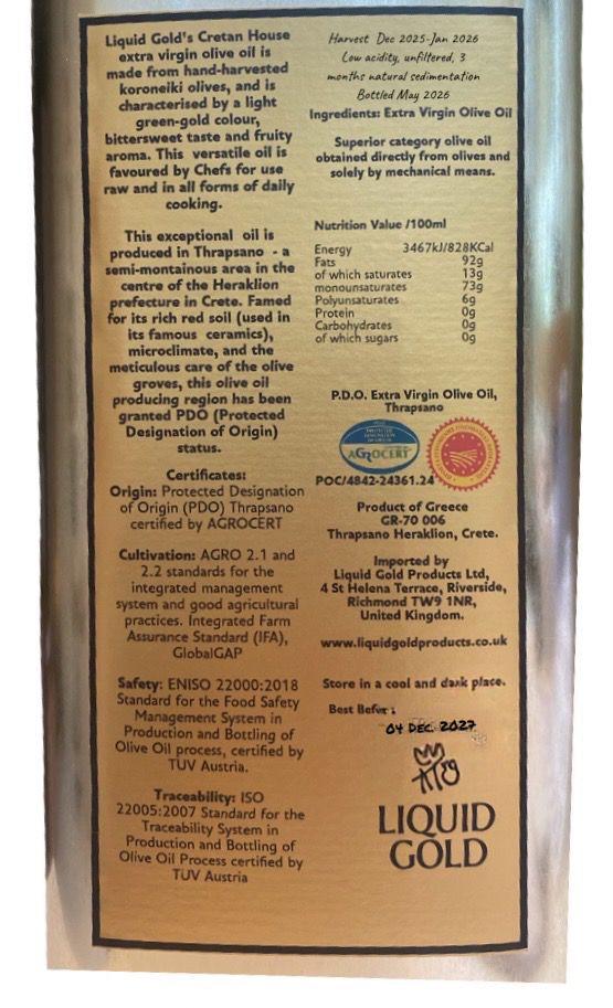 5 Litre tin of Liquid Gold's Cretan House Gold extra virgin olive oil,  PDO Thrapsanoside label, product of Greece, 2025-2026 harvest - information 
