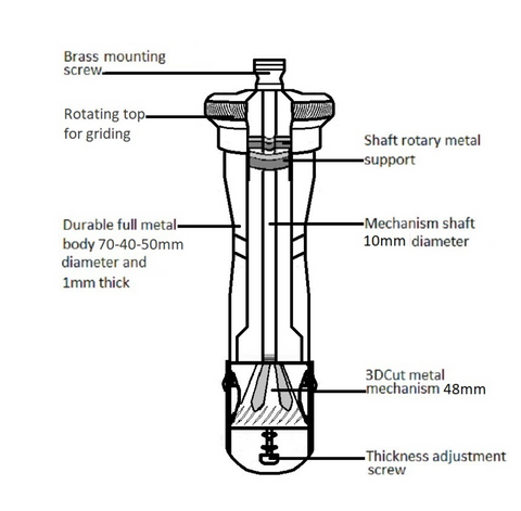 grinding mechanism, Chef "Athena" pepper mill grinder, 24cm (9.4") in solid brass with matt nickel finish, ergonomic