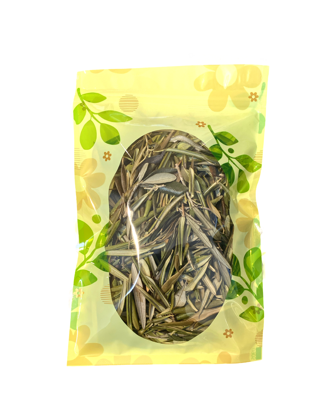 Packaged tdried olive eaves with a decorative yellow background