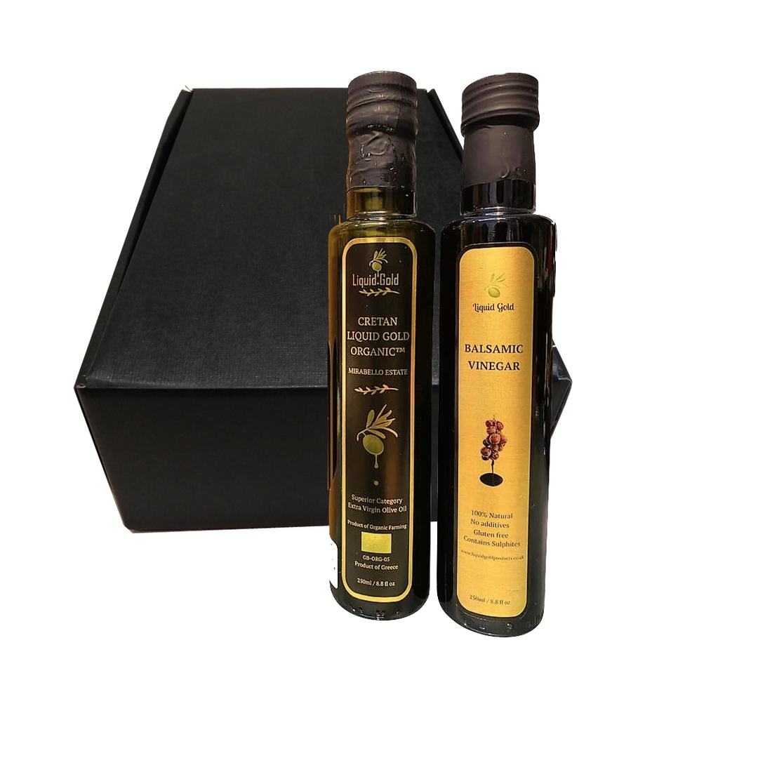Gourmet Gift Hamper - Greek Extra Virgin Olive Oil and Balsamic Vinegar in a matt black gift hamper 