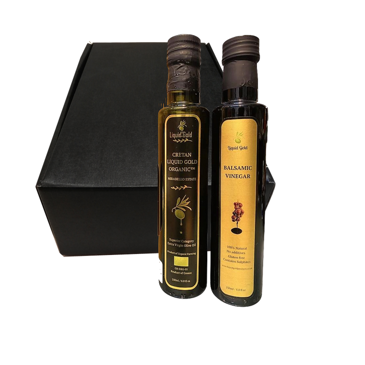 Gourmet Gift Hamper - Greek Extra Virgin Olive Oil and Balsamic Vinegar in a matt black gift hamper 