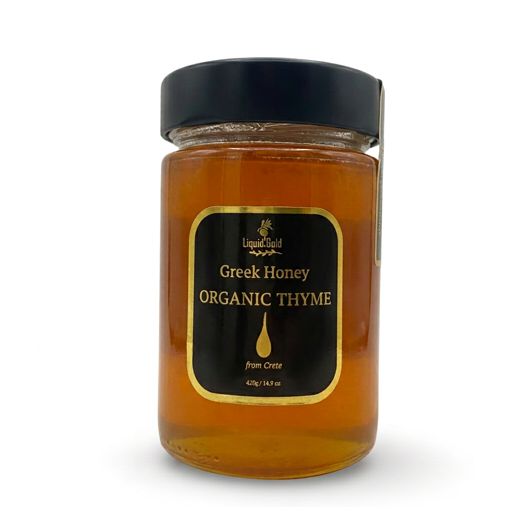 A glass jar of Liquid Gold Greek Honey Organic Thyme with a black lid and black label featuring gold lettering, set against a plain white background.