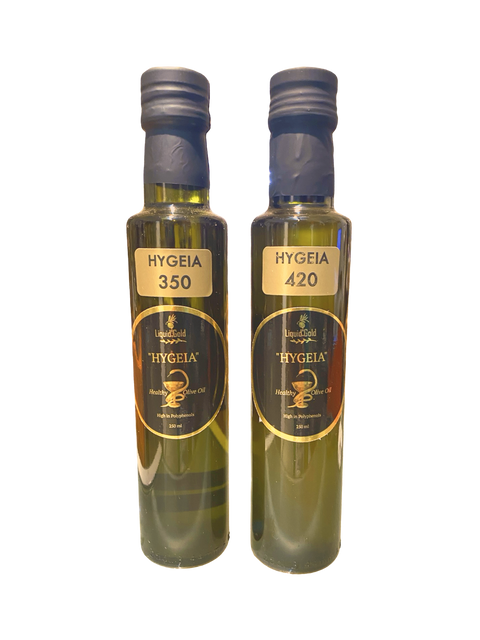 Hygeia 350 and 420 by Liquid Gold are two high polyphenol unfiltered olive oils from koroneiki olive, Autumn 2023 harvest