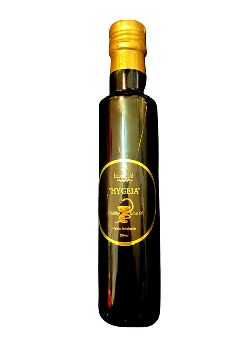 Hygeia means health in Greek; it is a high polyphenol organic extra virgin olive oil, handpicked in October when olives are still green, 250ml bottle