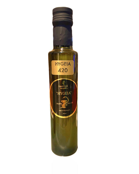 Hygeia 420 by Liquid Gold is a high polyphenol unfiltered olive oil from koroneiki olive, Autumn 2023 harvest