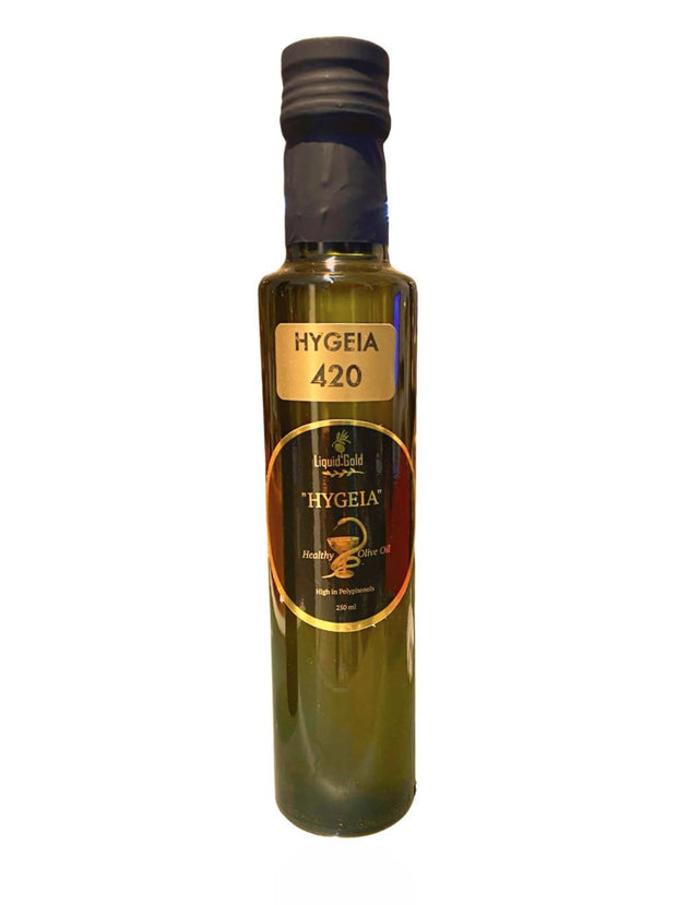 Hygeia 420 by Liquid Gold is a high polyphenol unfiltered olive oil from koroneiki olive, Autumn 2023 harvest