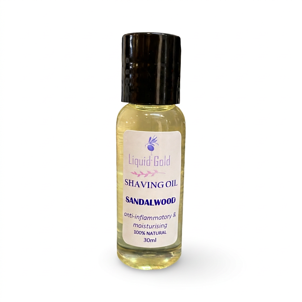 Liquid Gold sandalwood shaving oil bottle on a white background