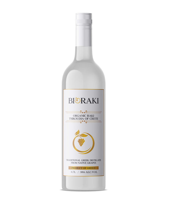 Organic Cretan Raki "BioRaki" or tsikoudia, also known as Tsipouro elsewhere in Greece; a grappa like Greek spirit made from double distillation of g=indigenous grape marc; 38% alcohol bol. 700ml bottle