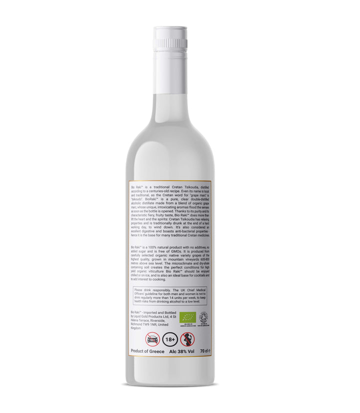 Organic Cretan Raki "BioRaki" or tsikoudia, also known as Tsipouro elsewhere in Greece; a grappa like Greek spirit made from double distillation of g=indigenous grape marc; 38% alcohol bol. 700ml bottle - back label