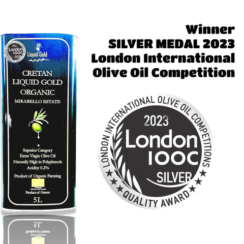 silver award in 2023 London international olive oil competition for our cretan liquid gold organic evoo