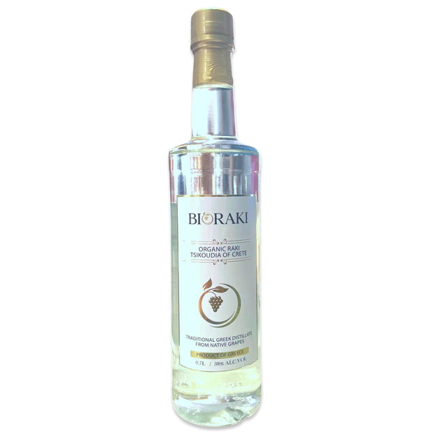 Organic Cretan Raki "BioRaki" or tsikoudia, also known as Tsipouro elsewhere in Greece; a grappa like Greek spirit made from double distillation of g=indigenous grape marc; 38% alcohol bol. 700ml bottle