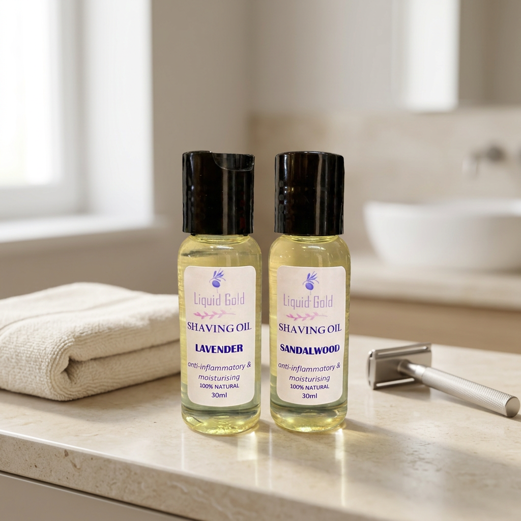 Liquid Gold shaving oils in a bathroom lifestyle setting