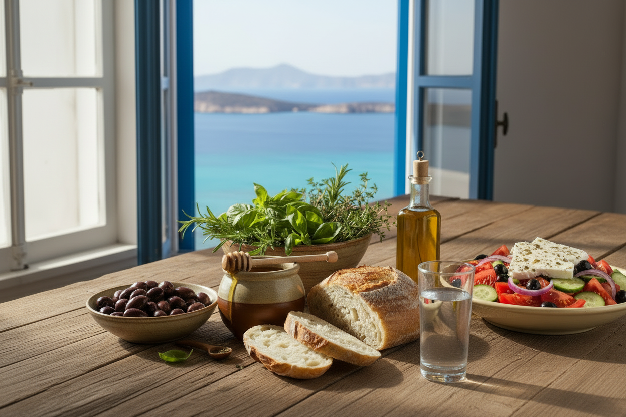 now add in a glass of raki, a greek salad and some feta cheese