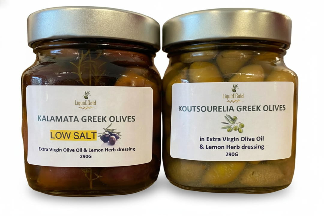 Greek Organic Olives  - 2 Jars of Green and Black olives in Extra Virgin Olive Oil dressing