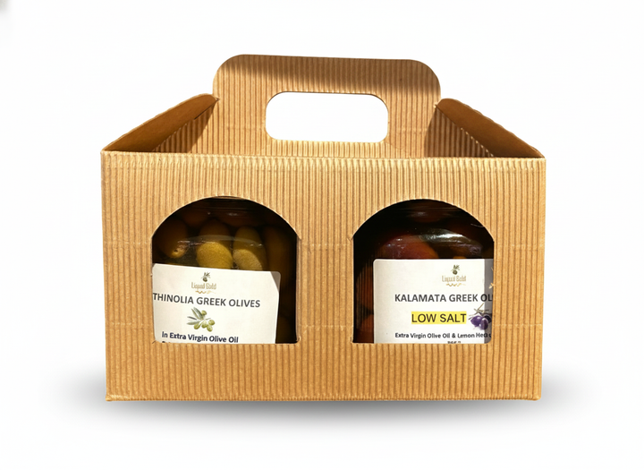 Greek Organic Olives Gift Set - 2 Jars of Green and Black olives in Extra Virgin Olive Oil dressing