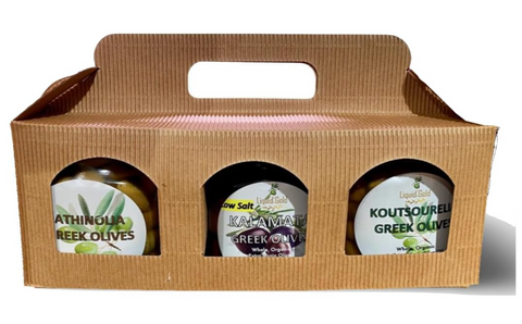 Greek Olive Variety Gift Set - 3 Jars of Organic Green and Black Greek olives in Extra Virgin Olive Oil dressing 