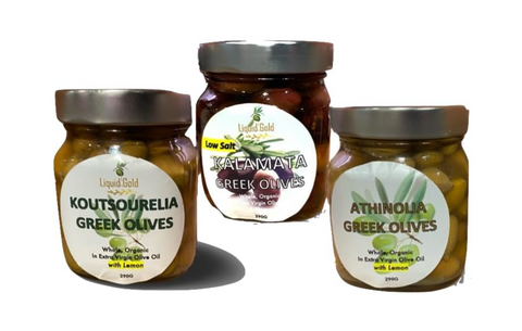 Greek Olive Variety Gift  - 3 Jars of Organic Green and Black Greek olives in Extra Virgin Olive Oil dressing 