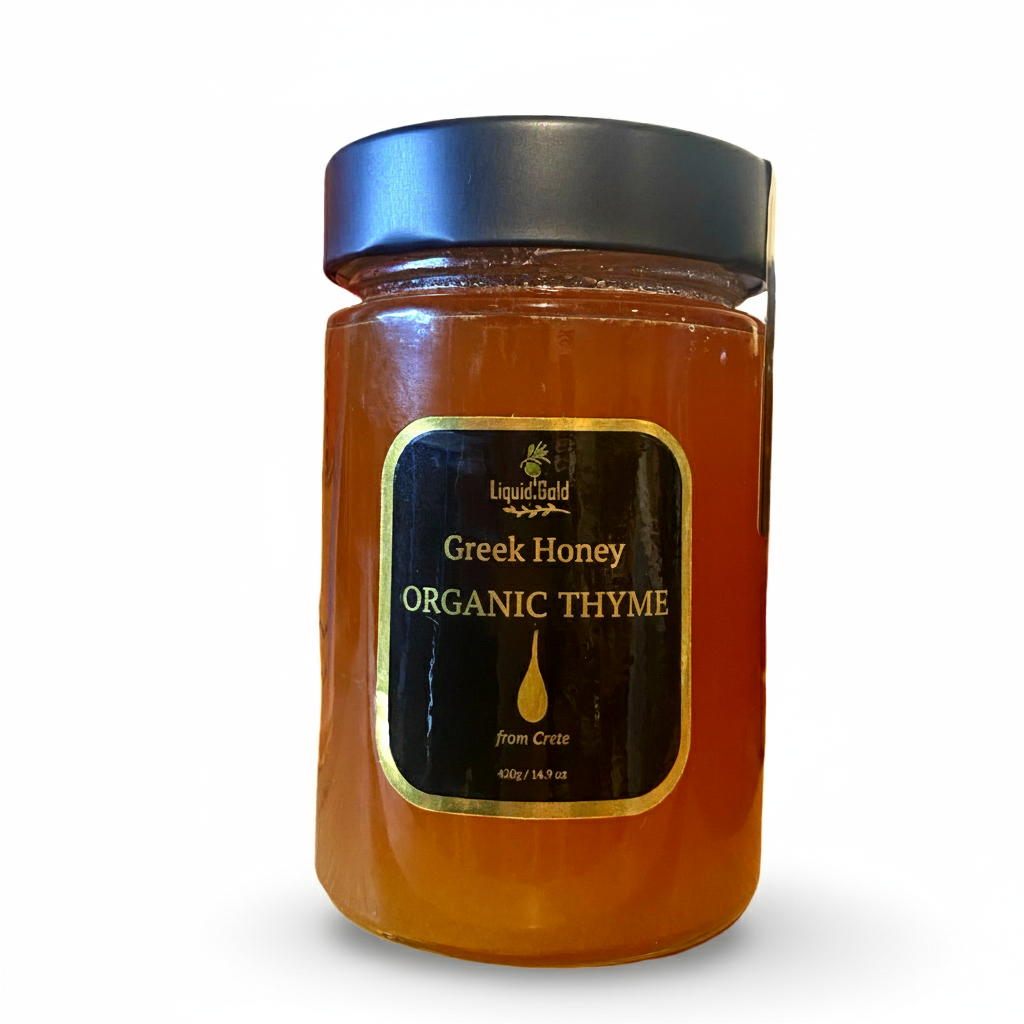 Jar of Liquid Gold Greek organic thyme honey
