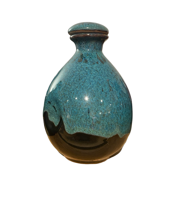 Hand made ceramic olive oil bottle with air tight stopper - 500ml in  glazed  pale blue ergonomic grip