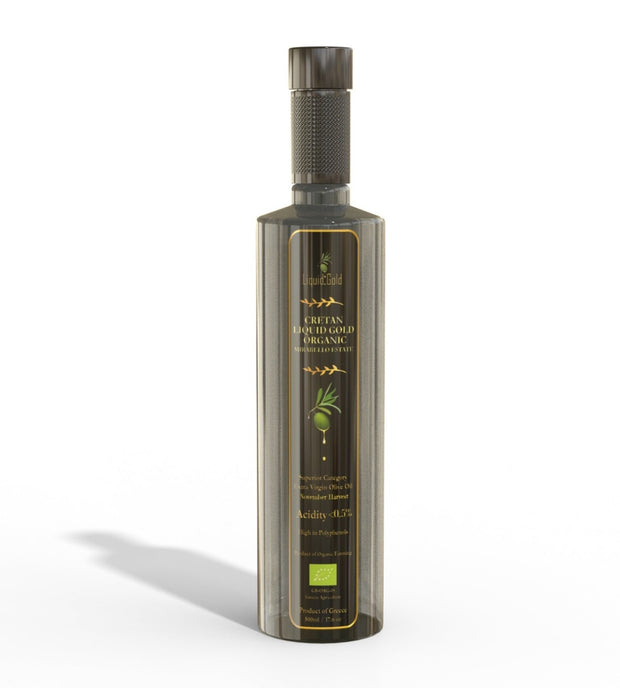 Cretan Liquid Gold Organic Greek extra virgin olive oil November 2023 harvest, high polyphenols, low acidity, private estate, LIOOC winner, 500ml bottle