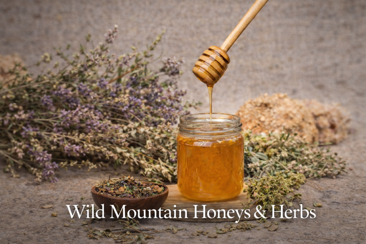 Jar of Liquid Gold honey with a wooden dipper, surrounded by herbs and flowers,