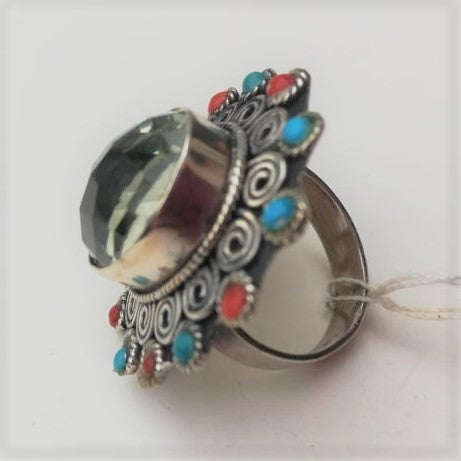 Solid silver ring with large lemon amethyst, turquoise and red coral beads, hand made in Greece