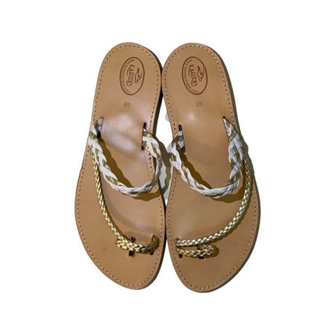 Greek Leather Sandals, "Chryssa"  - plaited gold toe sling and diagonal strap design, white and gold
