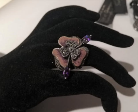 Solid silver flower ring, pastel pink enamel, amethyst and marcasite, hand made in Greece