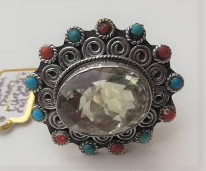 Solid silver ring with large lemon amethyst, turquoise and red coral beads, hand made in Greece