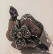 Solid silver flower ring, pastel pink enamel, amethyst and marcasite, hand made in Greece