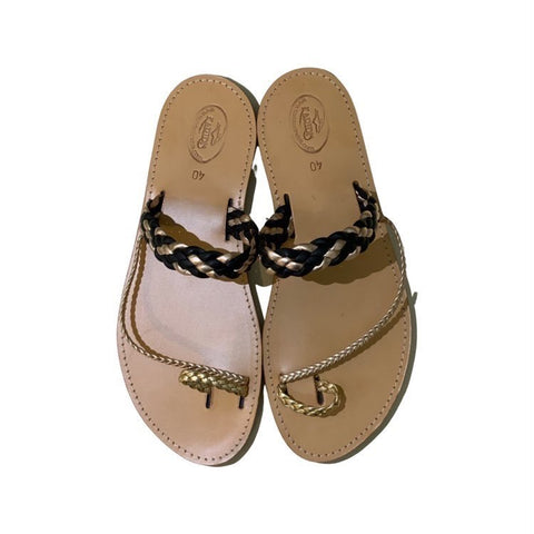 Greek Leather Sandals, "Chryssa"  - plaited gold toe sling and diagonal strap design, black and gold