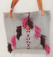 Greek loom made tote shoulder bag, natural dyed wool, leather strap, grey and pink, tassles