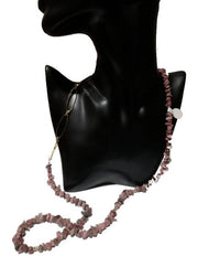 Pink opaque quartz bead necklace with gold link chains, very long